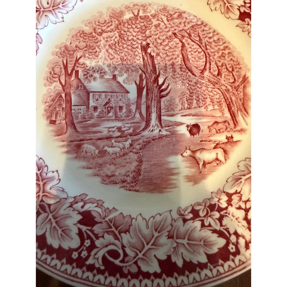 Homer Laughlin Currier & Ives Home Sweet Home Red Transferware Dinner Plate